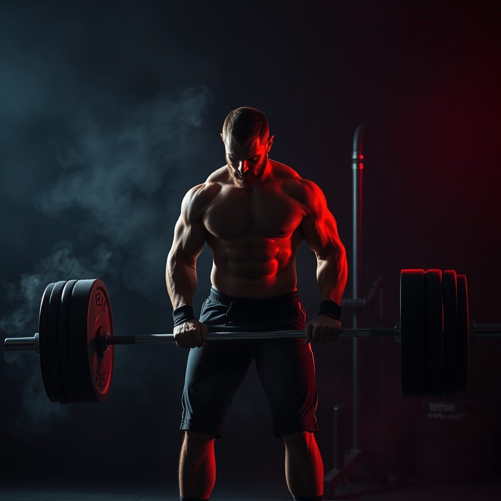 intense male powerlifter deadlifting heavy barbell in dark industrial gym, dramatic low key lighting